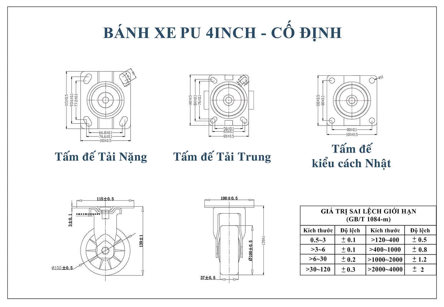 Thống số kỹ thuật bánh xe đẩy nhựa PU BXD024-100 lõi nhựa cố định