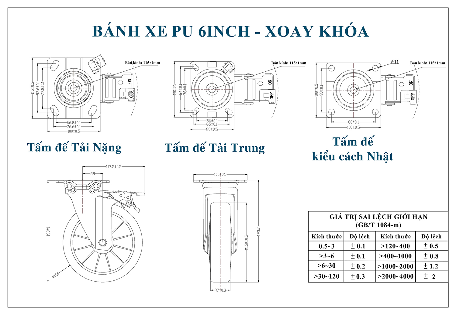 Thông số kỹ thuật bánh xe đẩy nhựa PU BXD026-150 lõi nhựa xoay có khóa