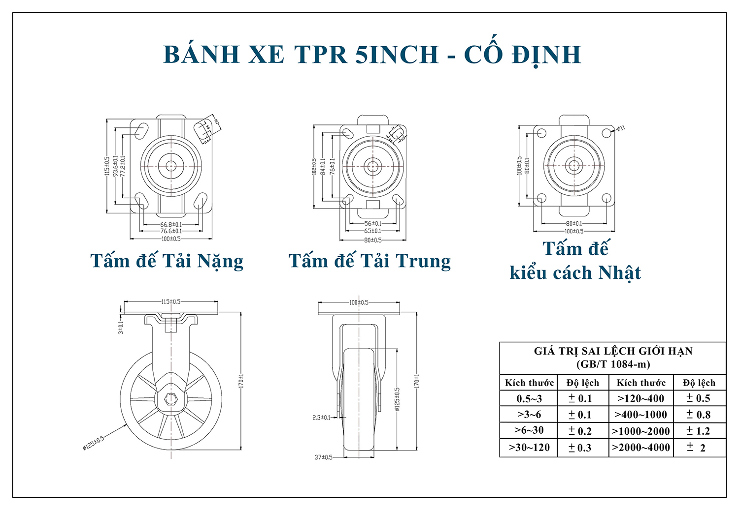 Thông số kỹ thuật bánh xe đẩy nhựa TPR 125mm