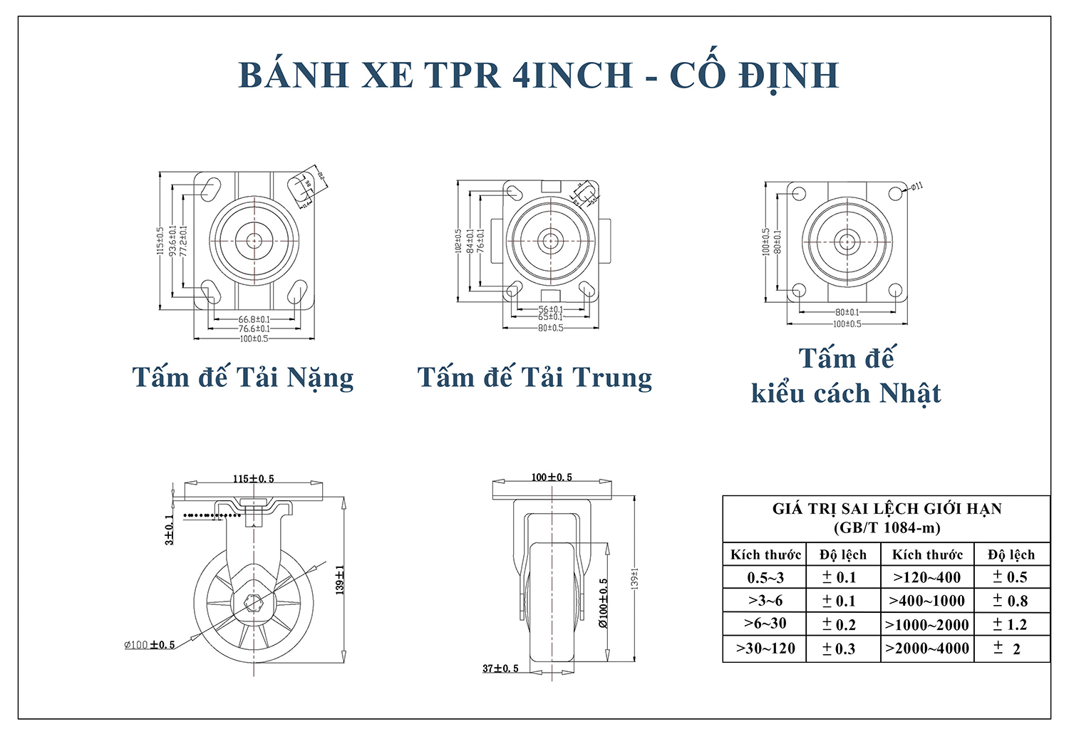 Thông số kỹ thuật bánh xe đẩy nhựa TPR BXD018-100 cố định