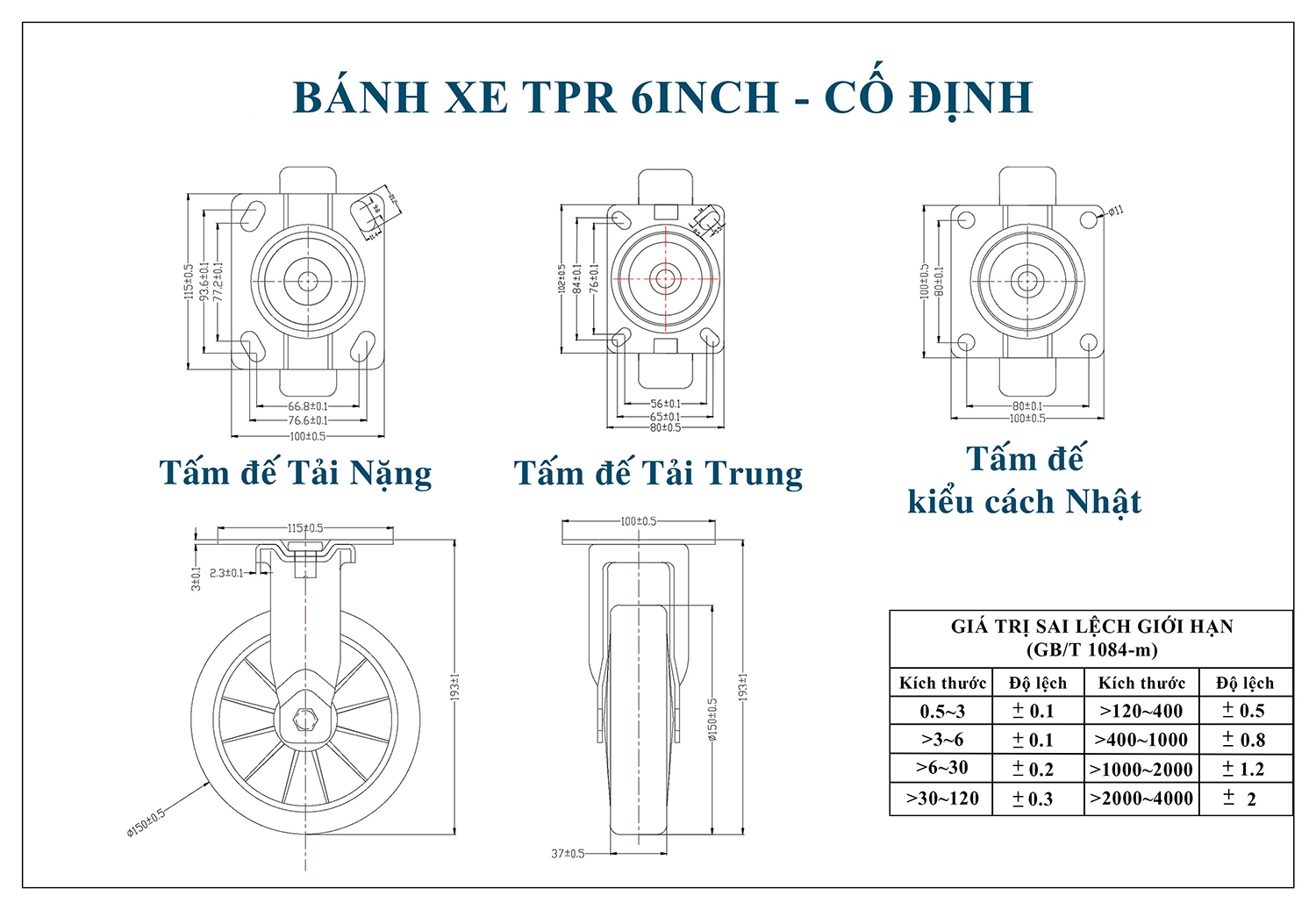 Thông số kỹ thuật bánh xe đẩy nhựa TPR BXD018-150 cố định