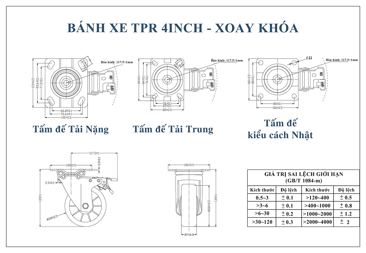 Thông số kỹ thuật bánh xe đẩy nhựa TPR BXD020-100 xoay có khóa