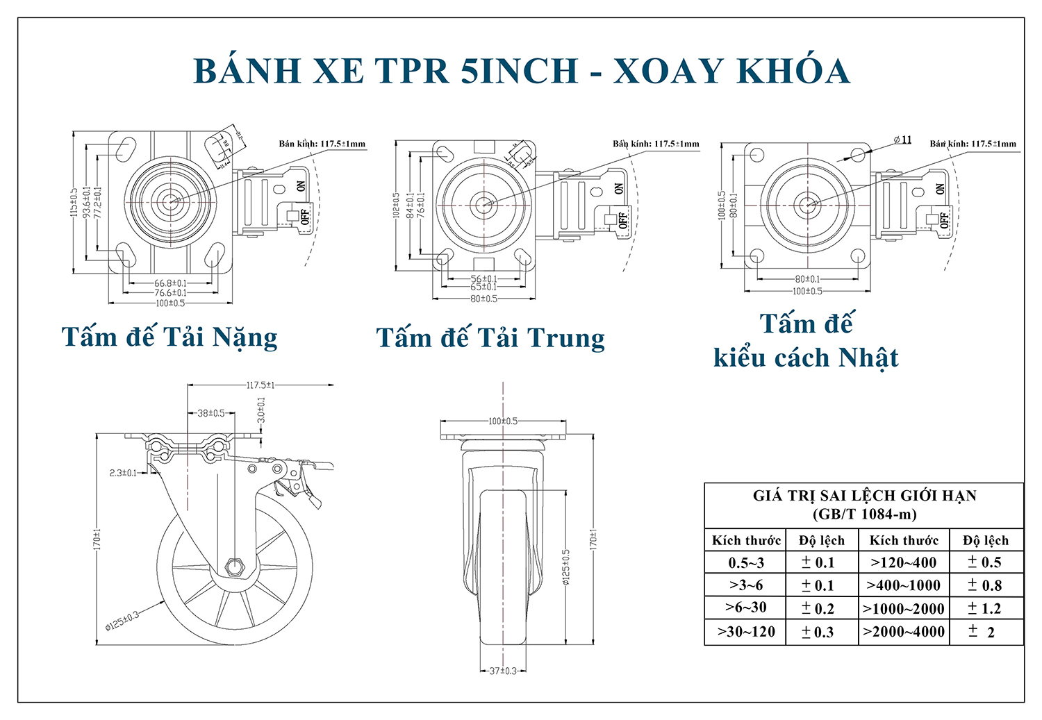 Thông số kỹ thuật bánh xe đẩy nhựa TPR BXD020-125 xoay có khóa