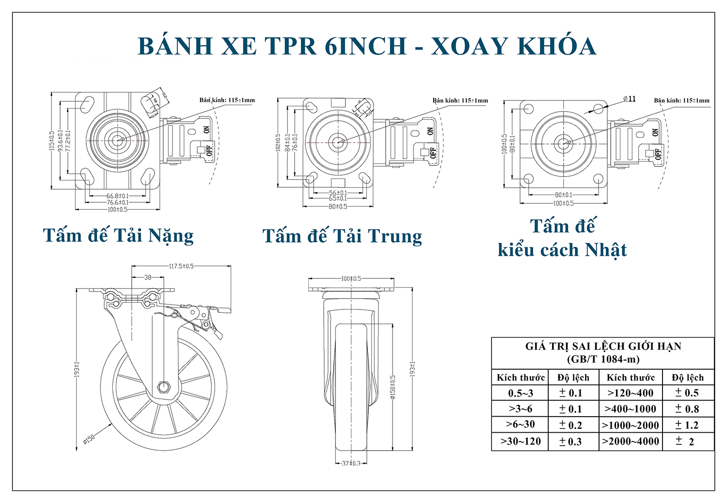 Thông số kỹ thuật bánh xe đẩy nhựa TPR BXD020-150 xoay có khóa