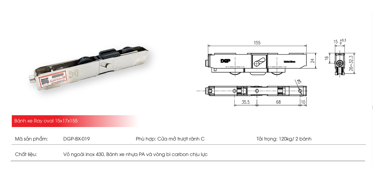 Thông số kỹ thuật bánh xe đôi cửa nhôm DGP-BX-019