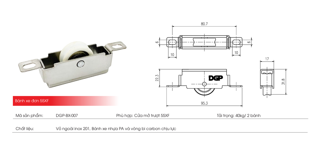 Thông số kỹ thuật bánh xe đơn cửa nhôm DGP-BX-007