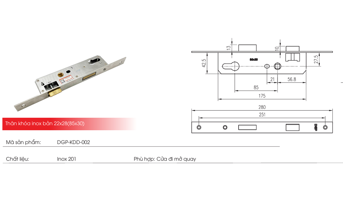 Thông số thân khóa đơn điểm DGP-KH-019