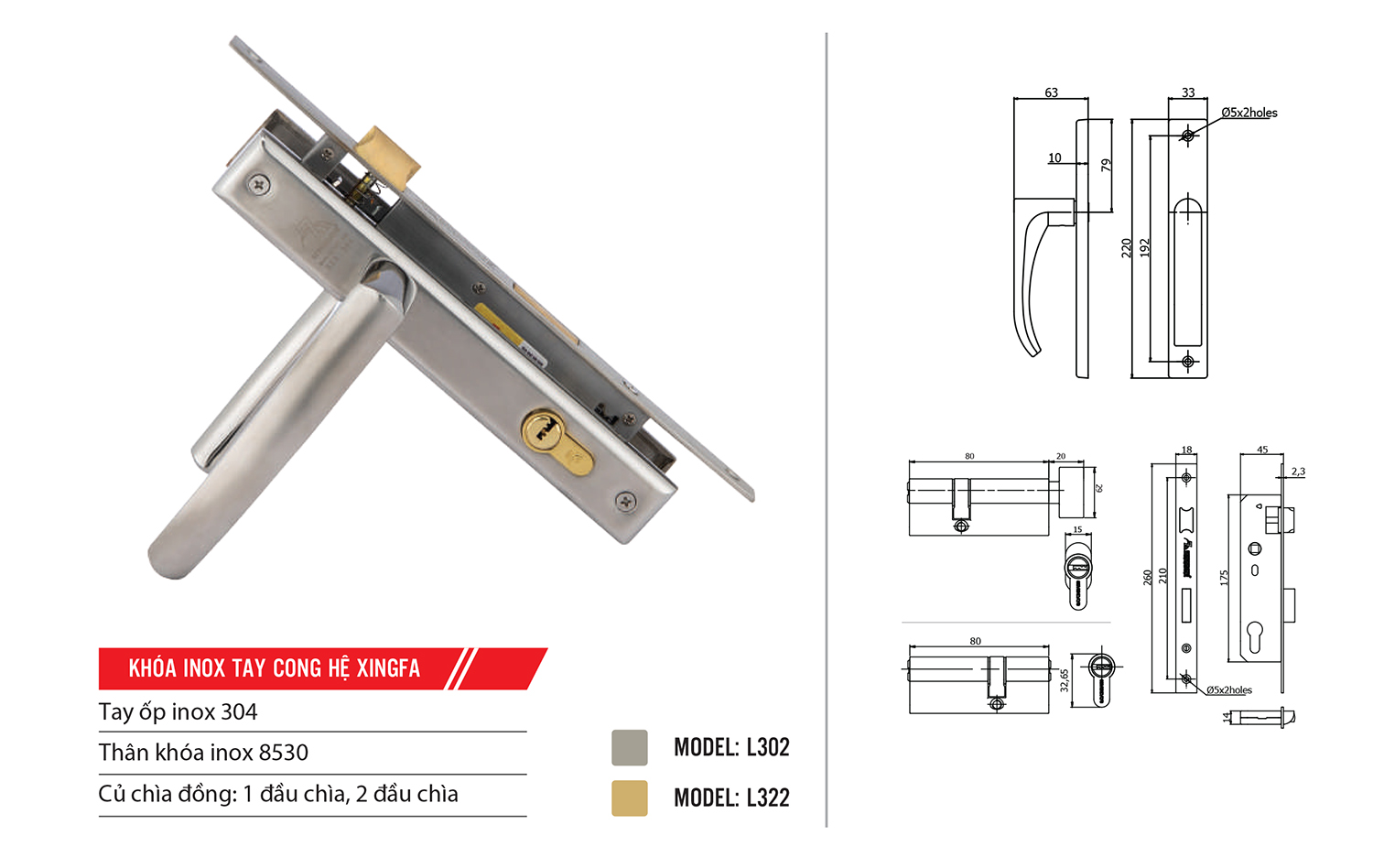 Thông số kỹ thuật khóa cửa nhôm Xingfa đơn điểm L302-1 Inox 304