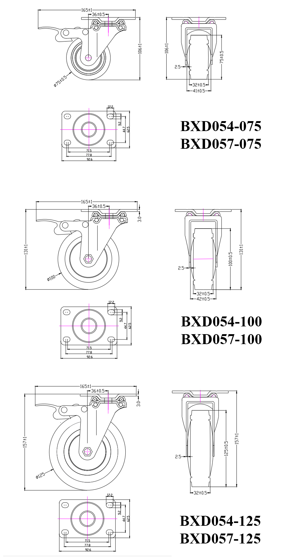 Thông số kỹ thuật bánh xe đẩy hàng BXD054 và BXD057