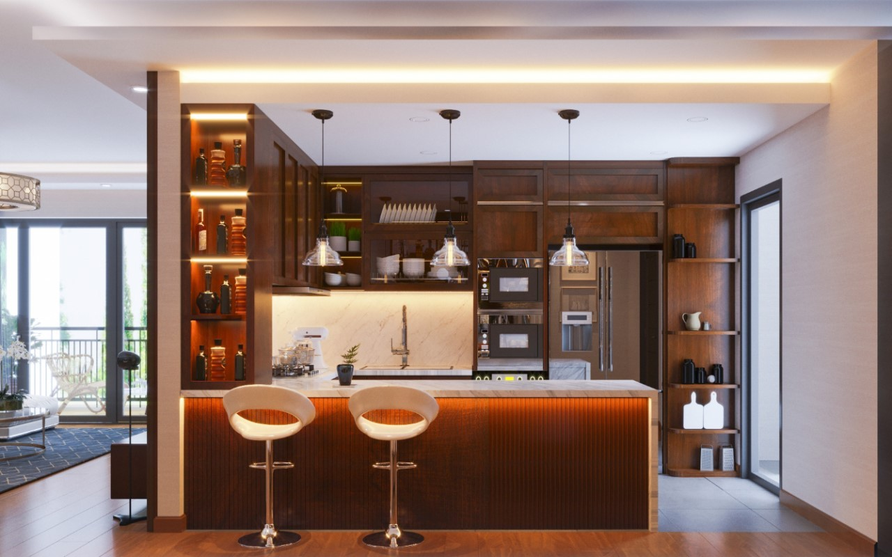 Tủ bếp kết hợp quầy bar ấn tượng