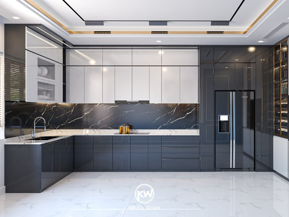 Tủ bếp nhôm cánh kính cường lực mang đến cảm giác sang trọng và sạch sẽ